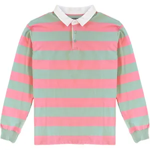 Pastel Pink and Mint Green White Striped Mens Long Sleeve Rugby Shirt