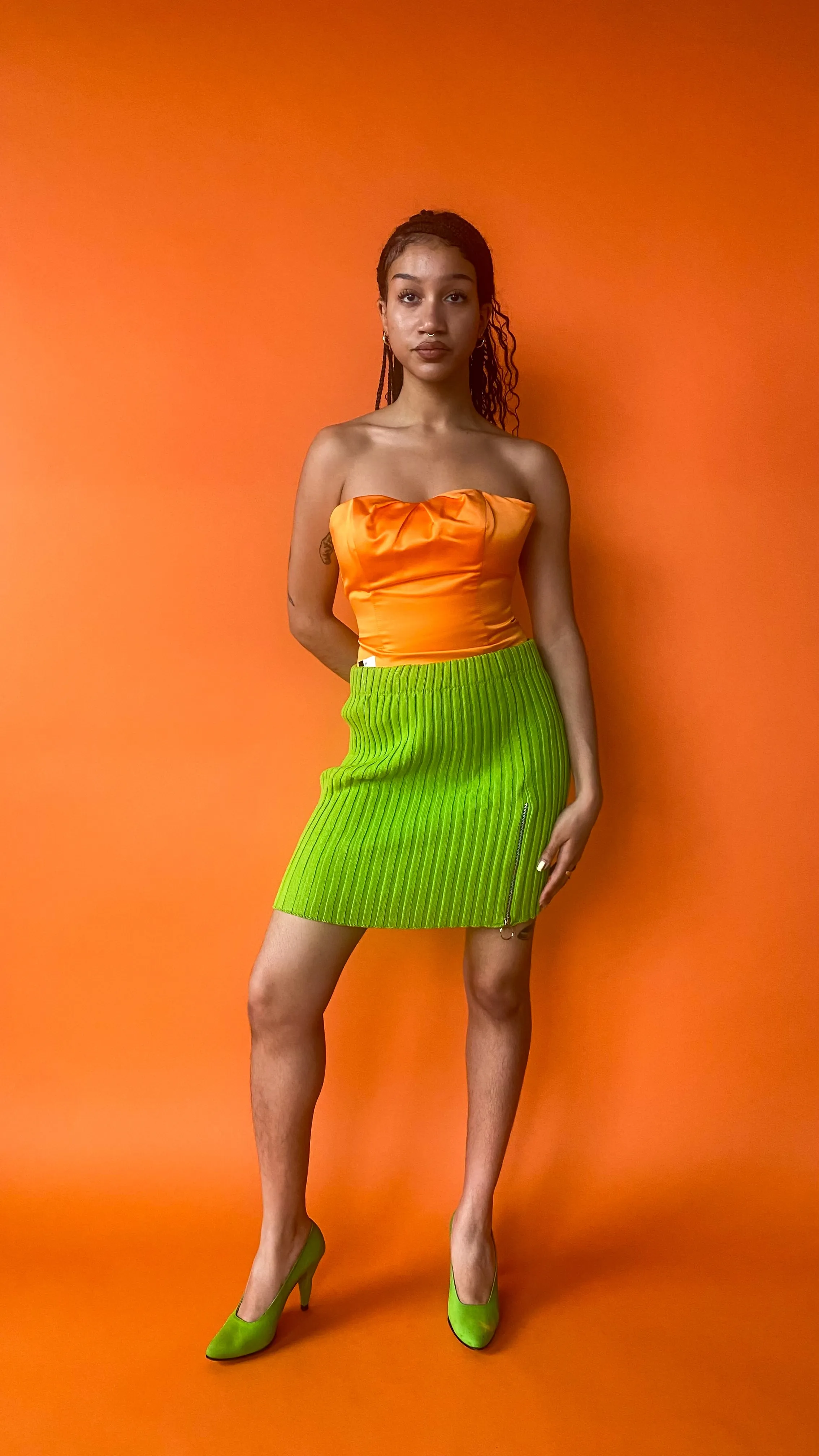 1990s Lime Green Ribbed Knit Skirt, sz. S-L