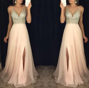 A Line Beading V Neck Sexy Girls Prom Dresses