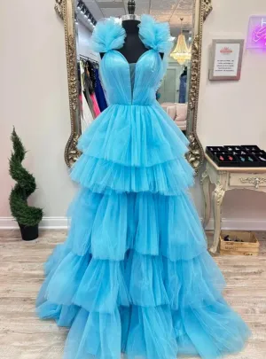 A-LIne Blue Tulle Pleats Prom Dress