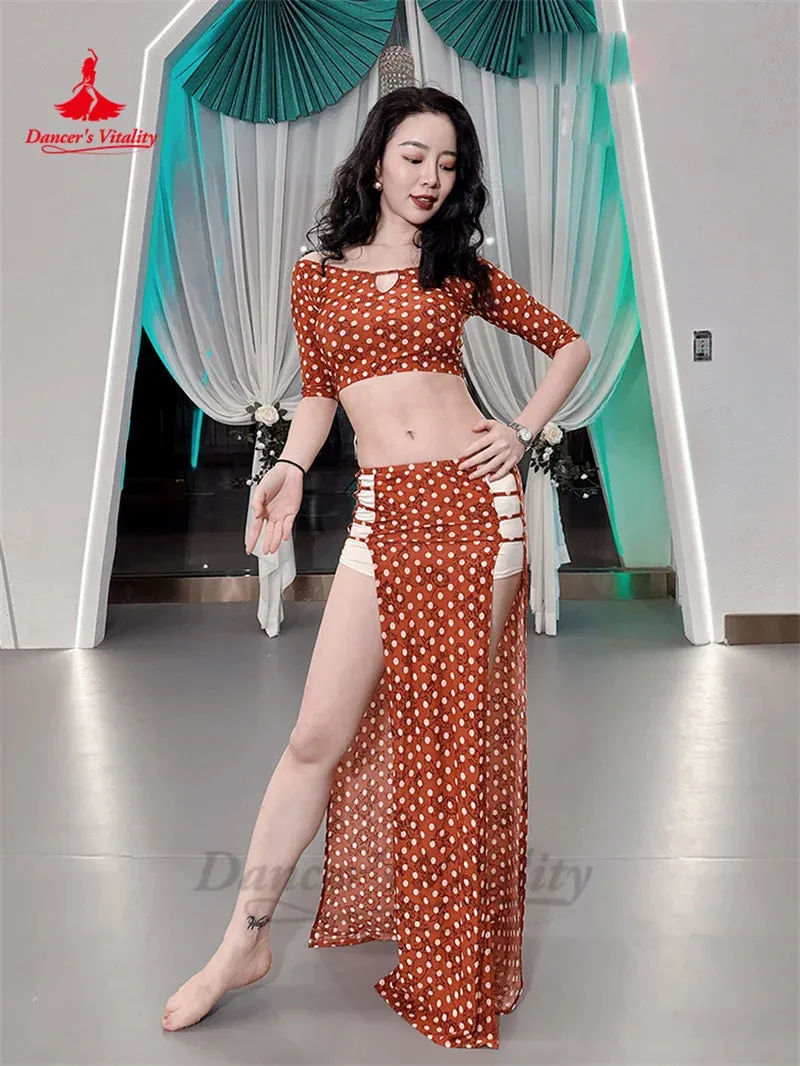 Belly Dance Suit for Women Short Sleeves Top split Long Skirt 2pcs Polka Dot Training Suit Adult Oriental Belly Dancing Outfit