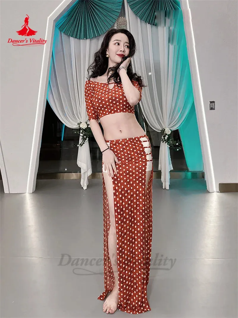 Belly Dance Suit for Women Short Sleeves Top split Long Skirt 2pcs Polka Dot Training Suit Adult Oriental Belly Dancing Outfit