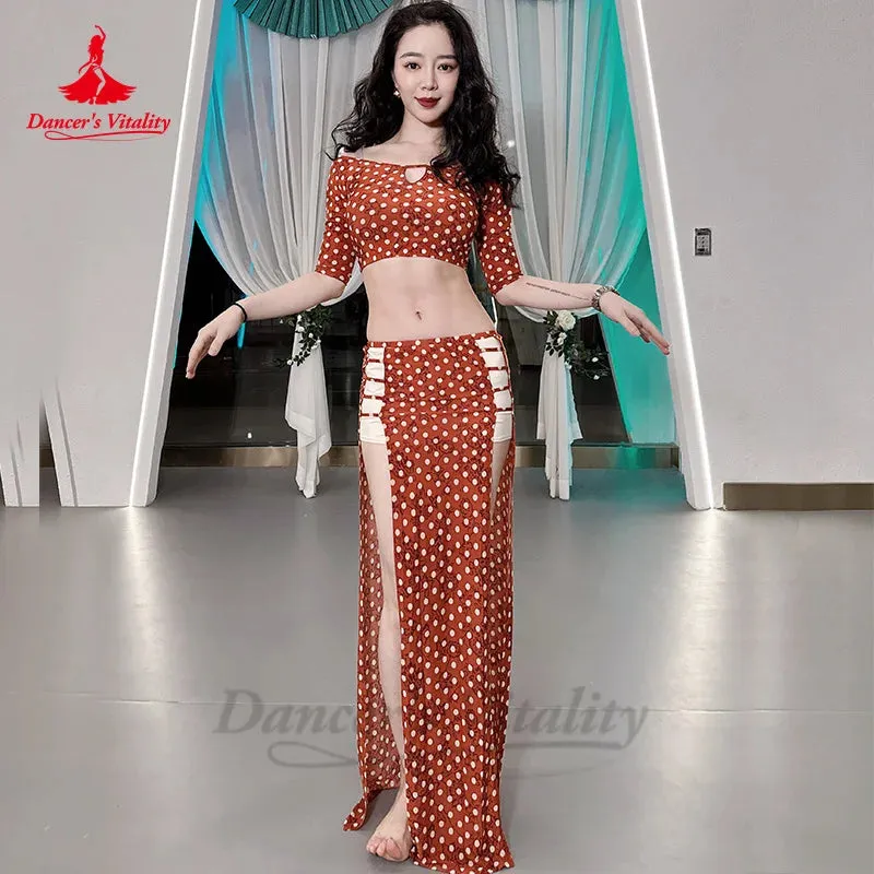 Belly Dance Suit for Women Short Sleeves Top split Long Skirt 2pcs Polka Dot Training Suit Adult Oriental Belly Dancing Outfit