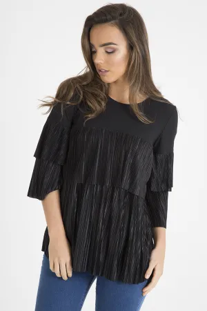 Black Pleated Layered Frill Oversized Top - Matilda