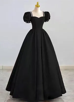 Black Sweetheart Short Sleeves Beaded Party Dress A-Line Black Satin Prom Dress