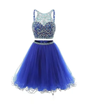 Blue two pieces tulle sequin beads short prom dress blue homecoming