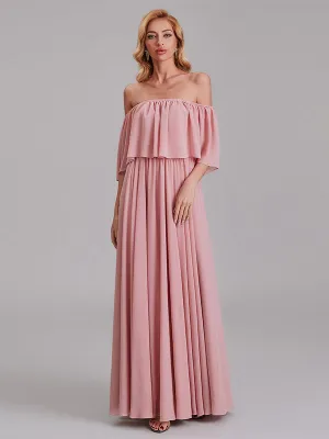 Charming A-Line Off Shoulder Pleated Chiffon Long Bridesmaid Dresses