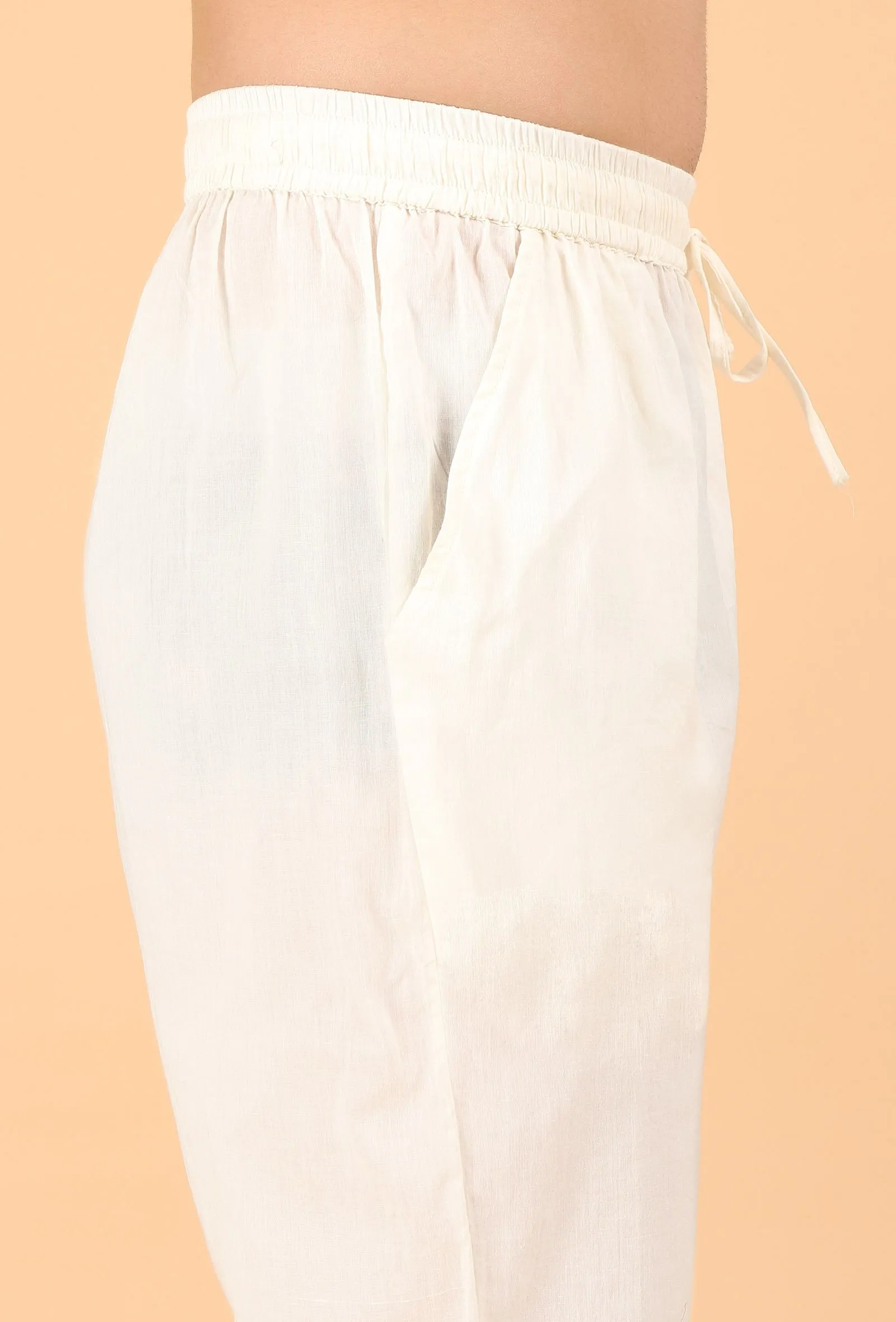 Cream Cotton Mulmul Short Kurta & White Pant