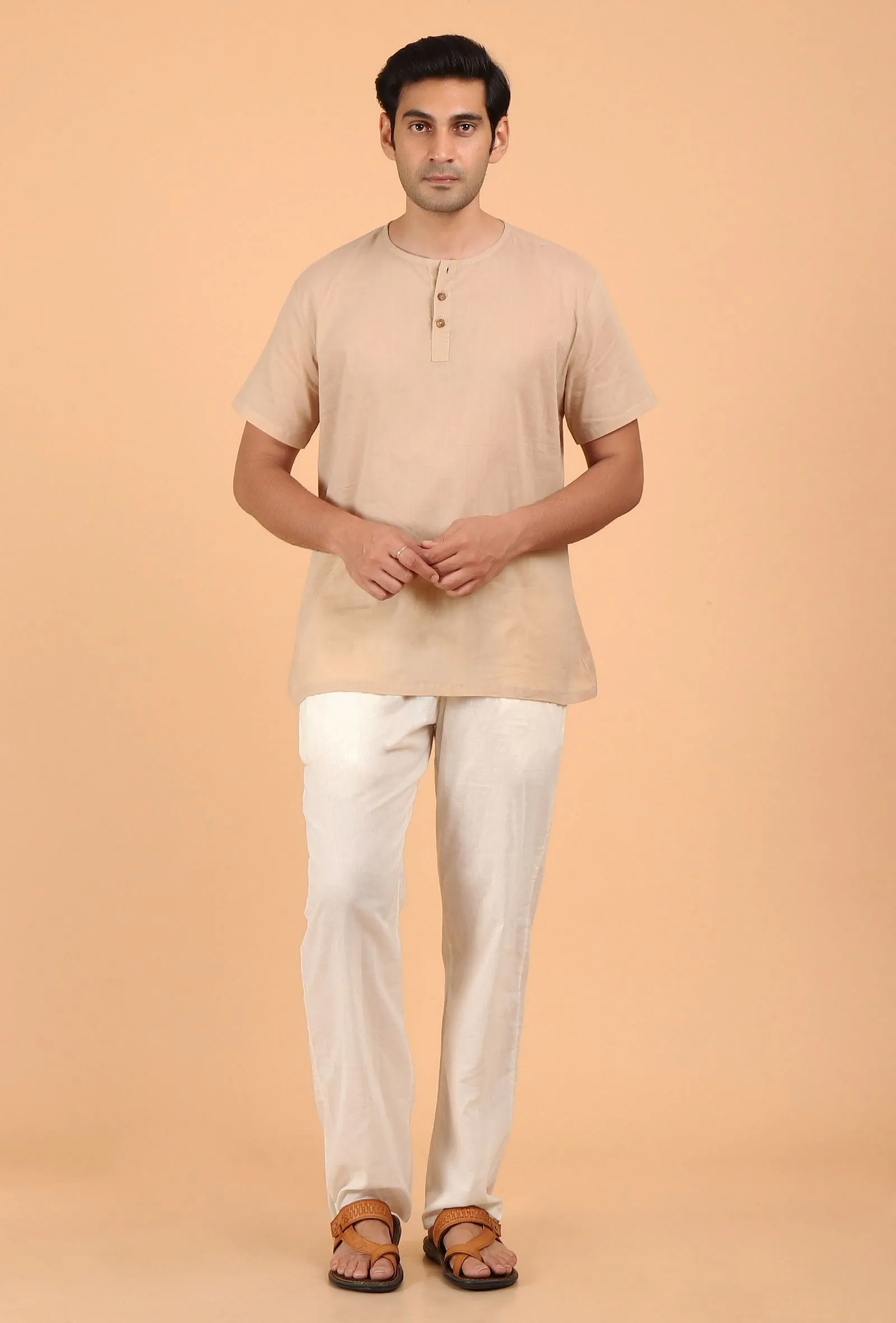 Cream Cotton Mulmul Short Kurta & White Pant