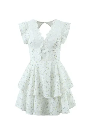 Cute Daisy Floral Plaid Print Scallop V Neck Summer Ruffle Tiered Mini Dress