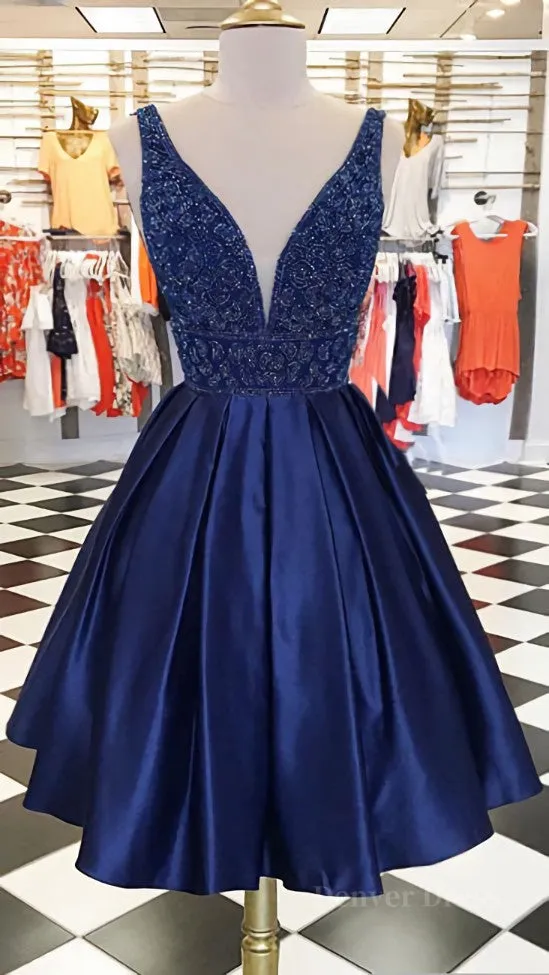 Dark blue v neck beads satin short prom dress blue homecoming dress