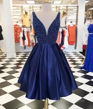 Dark blue v neck beads satin short prom dress blue homecoming dress