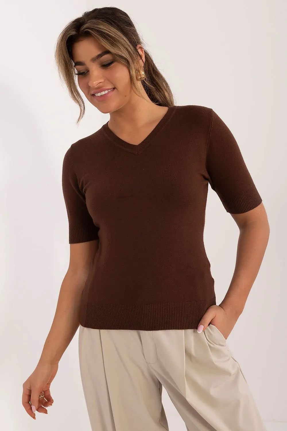 Factory Price V-Neck Short Sleeve Sweater