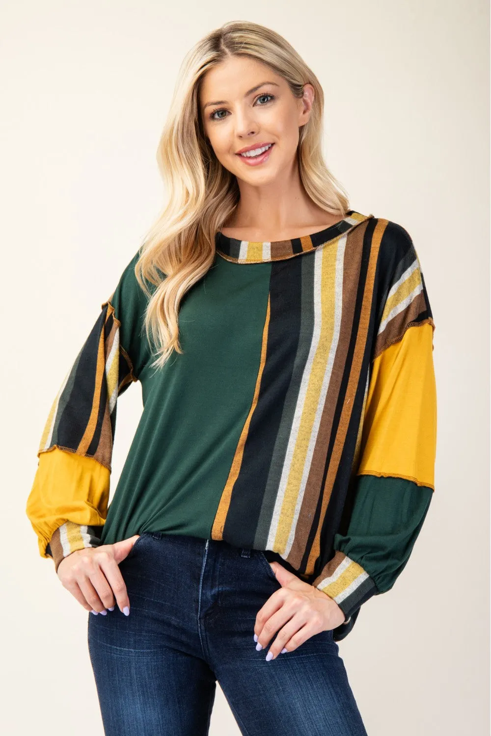 Full Size Striped Color Block Exposed Seam T-Shirt