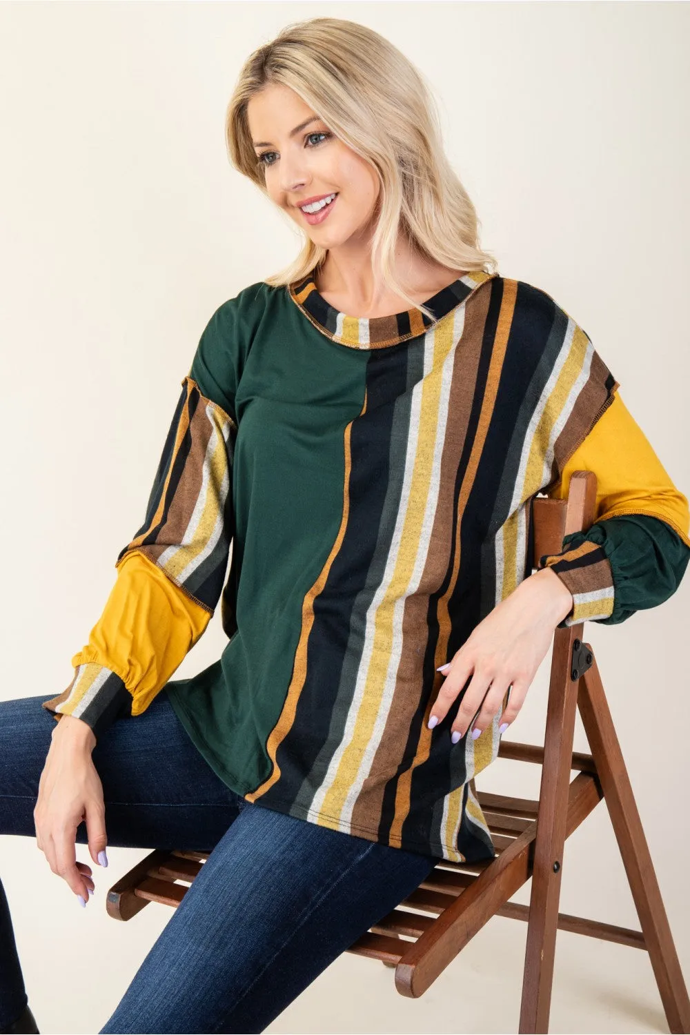 Full Size Striped Color Block Exposed Seam T-Shirt