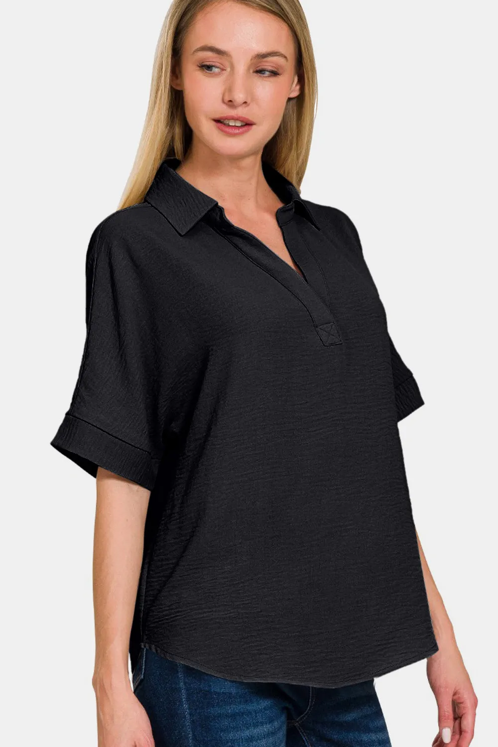 Full Size Texture Collared Neck Short Sleeve Top