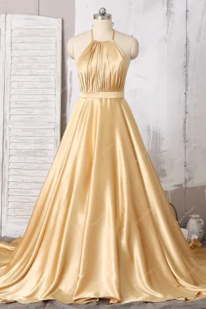 Gold Satin Pleated Halter Open Back Simple A-line Long Dress