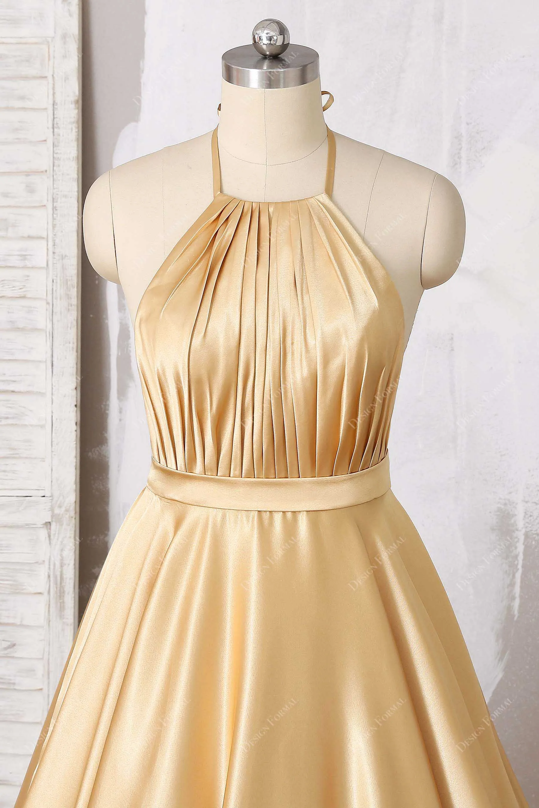 Gold Satin Pleated Halter Open Back Simple A-line Long Dress