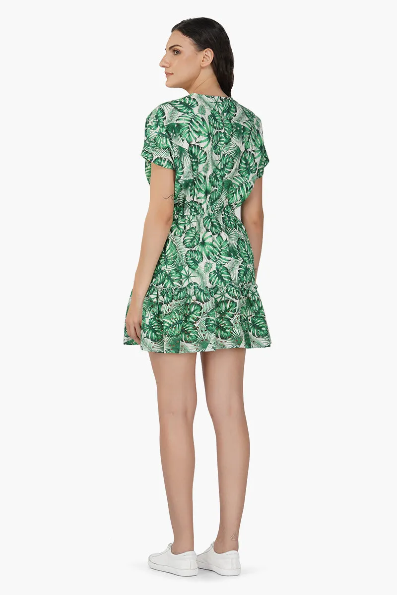 Green Palm Printed Short Dress