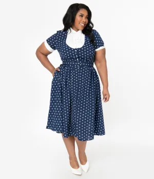 I Love Lucy x Unique Vintage Plus Size Navy & White Polka Dot Ricardo Swing Dress