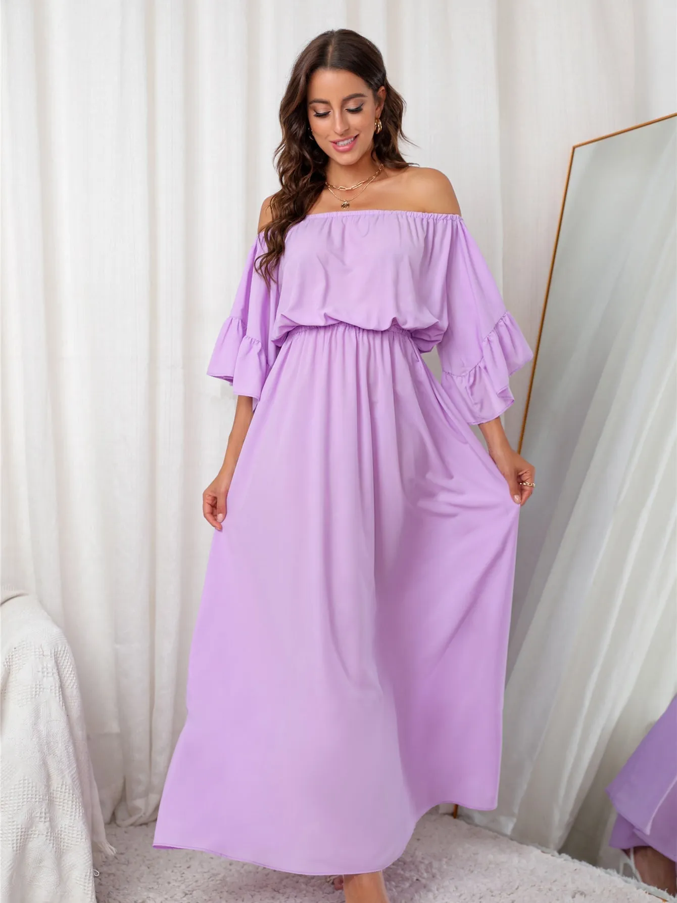 KittenAlarm - Off Shoulder Short Sleeve Maxi Dress