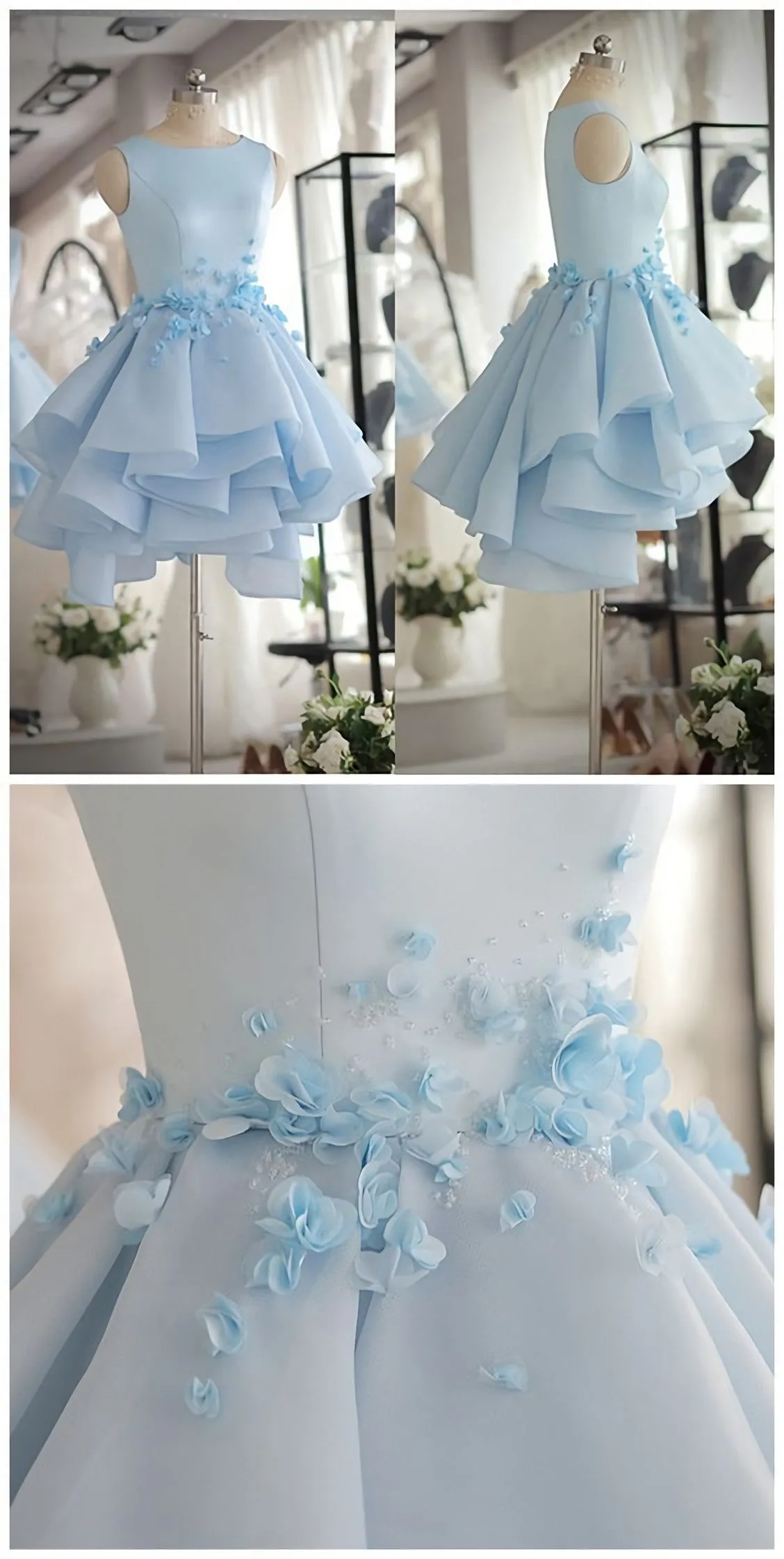 Light Blue Satin Organza Short Party Dress Cute Homecoming Dress