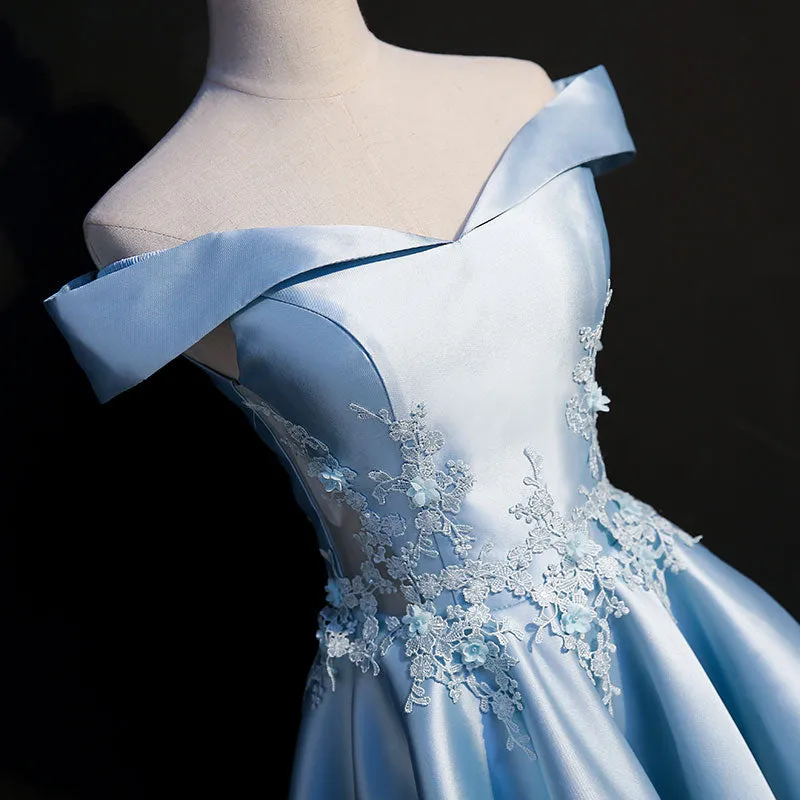 Light Blue Satin with Lace Applique High Low Homecoming Dress, Blue Short Off Shoulder Formal Dress