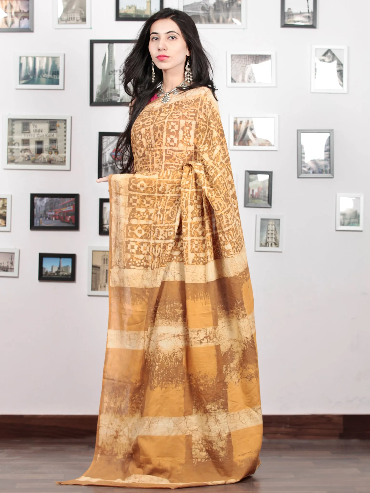 Mustard Yellow Ivory Hand Block Printed Cotton Mul Saree - S031703049