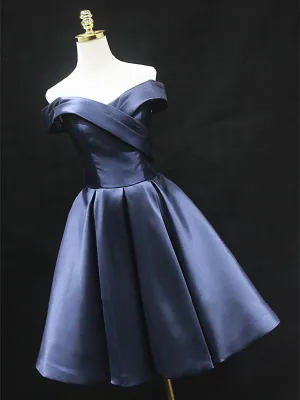 Off the Shoulder Short Navy Blue Prom Dresses, Short Blue Homecoming Graduation Dresses