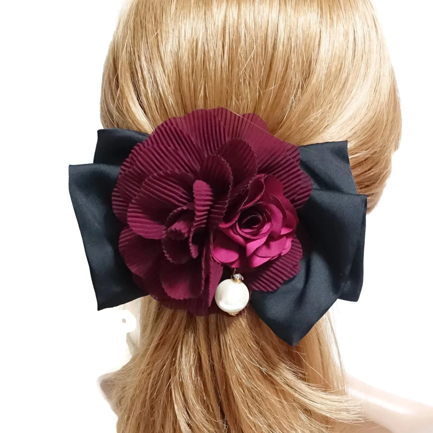 Pleat flower french barrette  black bow french hair barrette elegant woman hair accessories