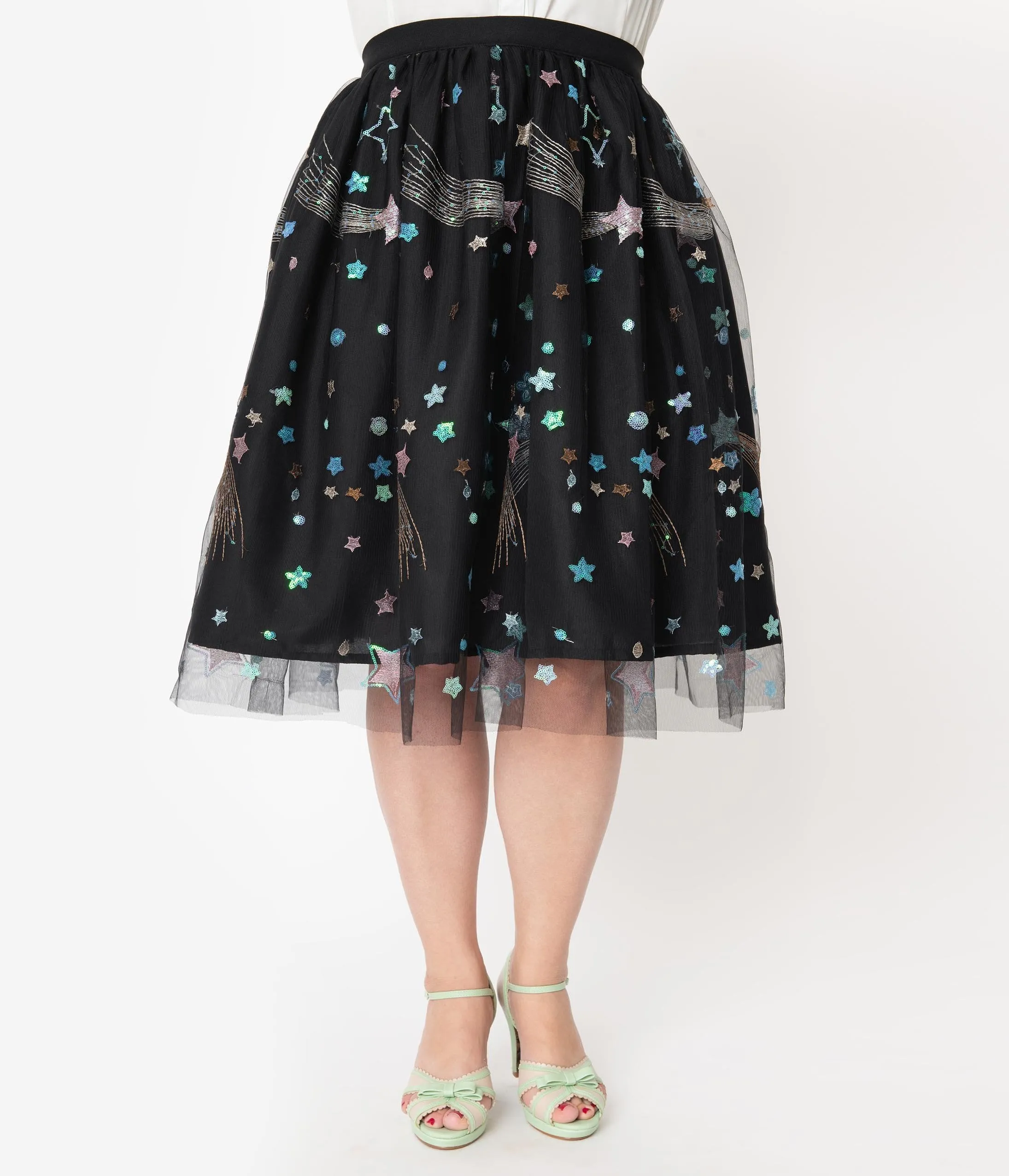 Plus Size Black & Multi Shooting Stars Tulle Swing Skirt