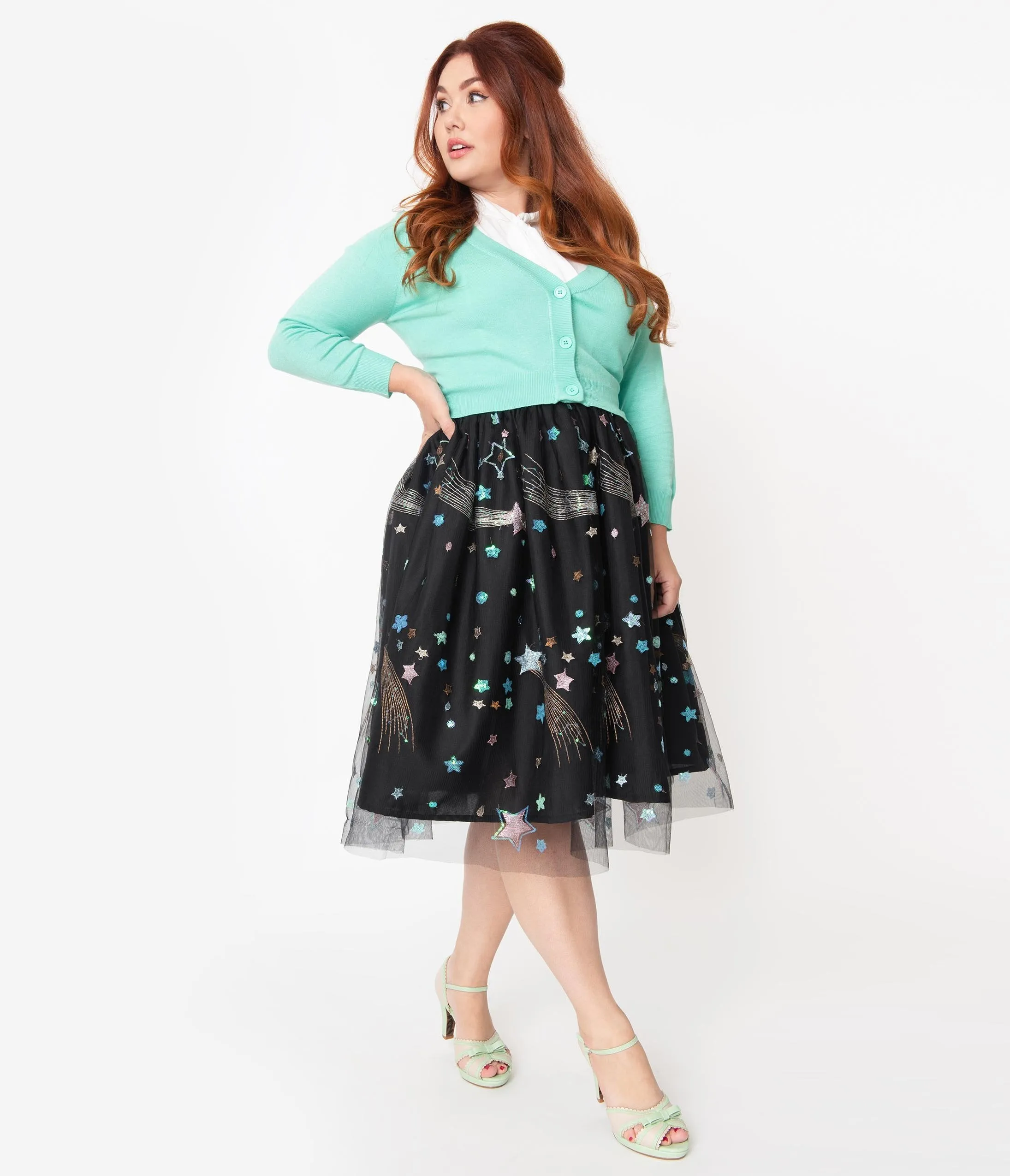 Plus Size Black & Multi Shooting Stars Tulle Swing Skirt