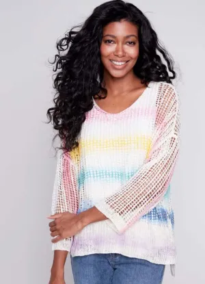 Printed Rainbow V-Neck Fishnet Crochet 3/4 Sleeve Top