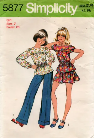 Simplicity 5877 Girls Puff Sleeved Blouse Mini Skirt & Wide Leg Pants 1970s Vintage sewing Pattern Size 7