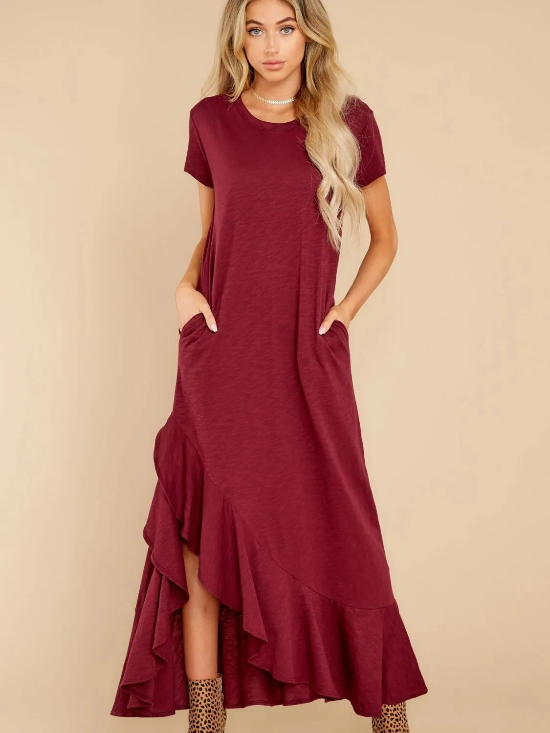 Slit Round Neck Short Sleeve Maxi Dress