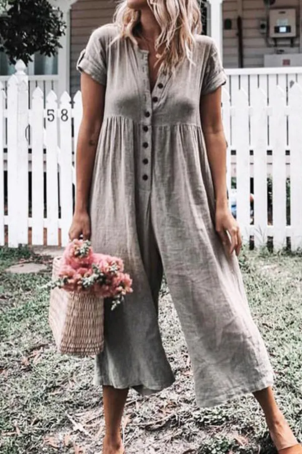 Solid Wide-leg Button Up Jumpsuit