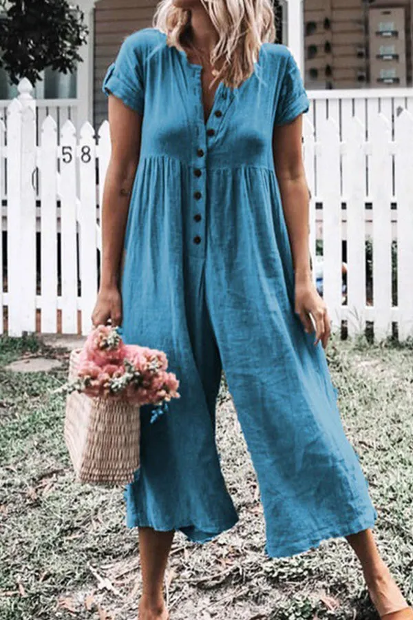 Solid Wide-leg Button Up Jumpsuit