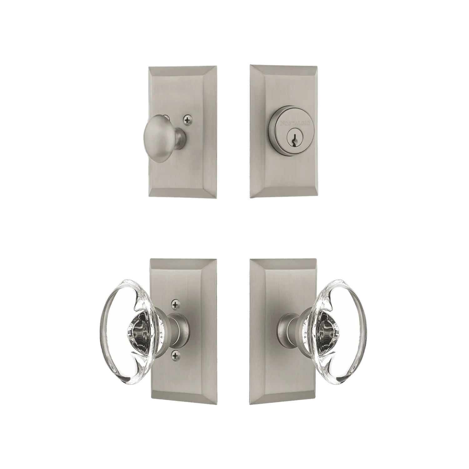 Studio Entry Set with Oval Clear Crystal Knob in Satin Nickel