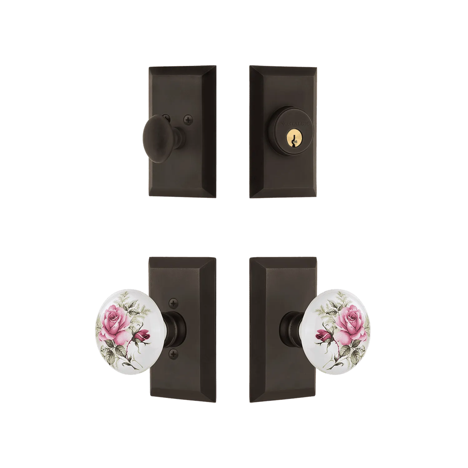 Studio Entry Set with White Rose Porcelain Knob in Oil-Rubbed Bronze