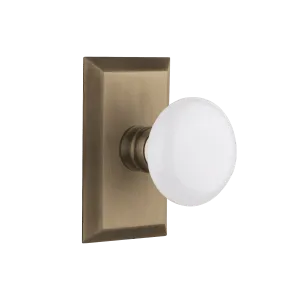 Studio Short Plate with White Porcelain Knob in Antique Brass