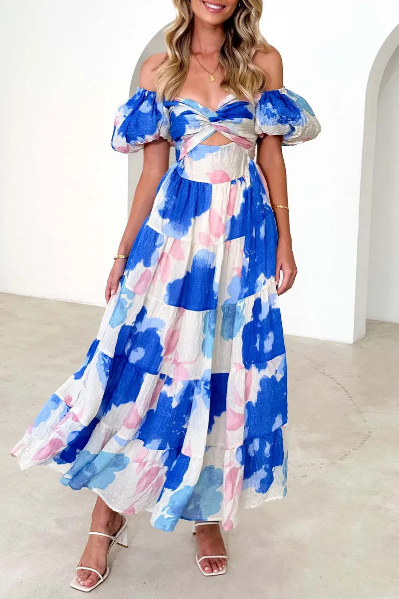 Sweet Elegant Floral Hollowed Out Off the Shoulder Printed Dress Dresses