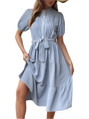 TEEK - Blue Pleated Short Sleeve Commuting Belted Dress