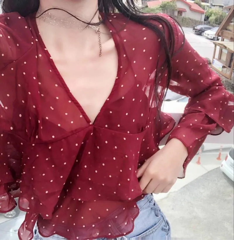 Thin Summer Elegant Short Red White Black Blouse