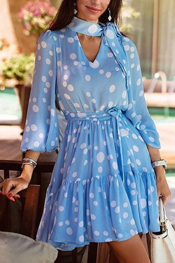 Tie Neck Polka Dot Ruffle Dress