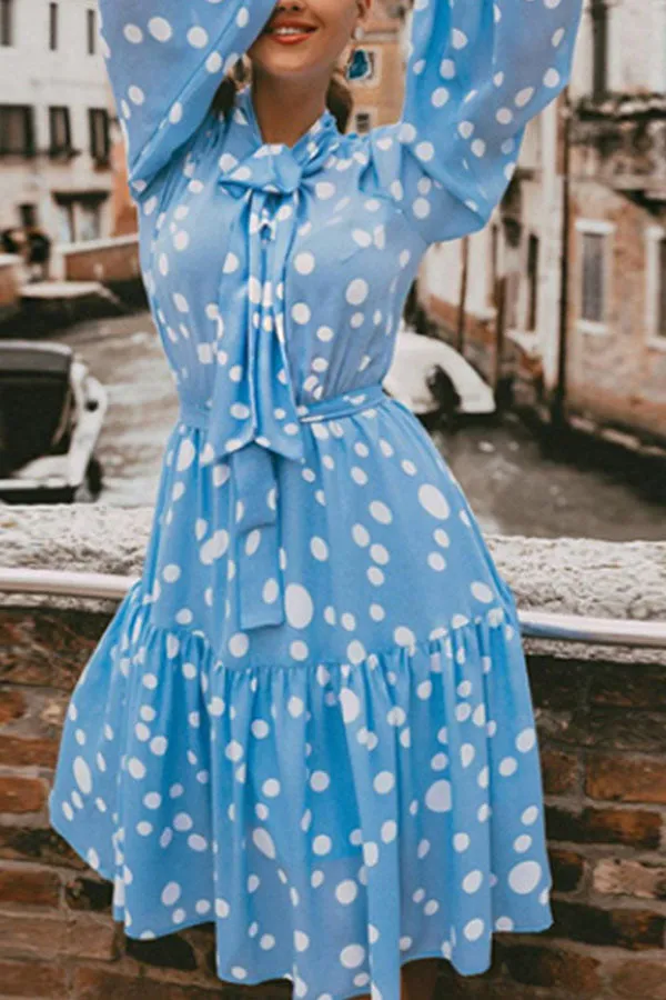 Tie Neck Polka Dot Ruffle Dress