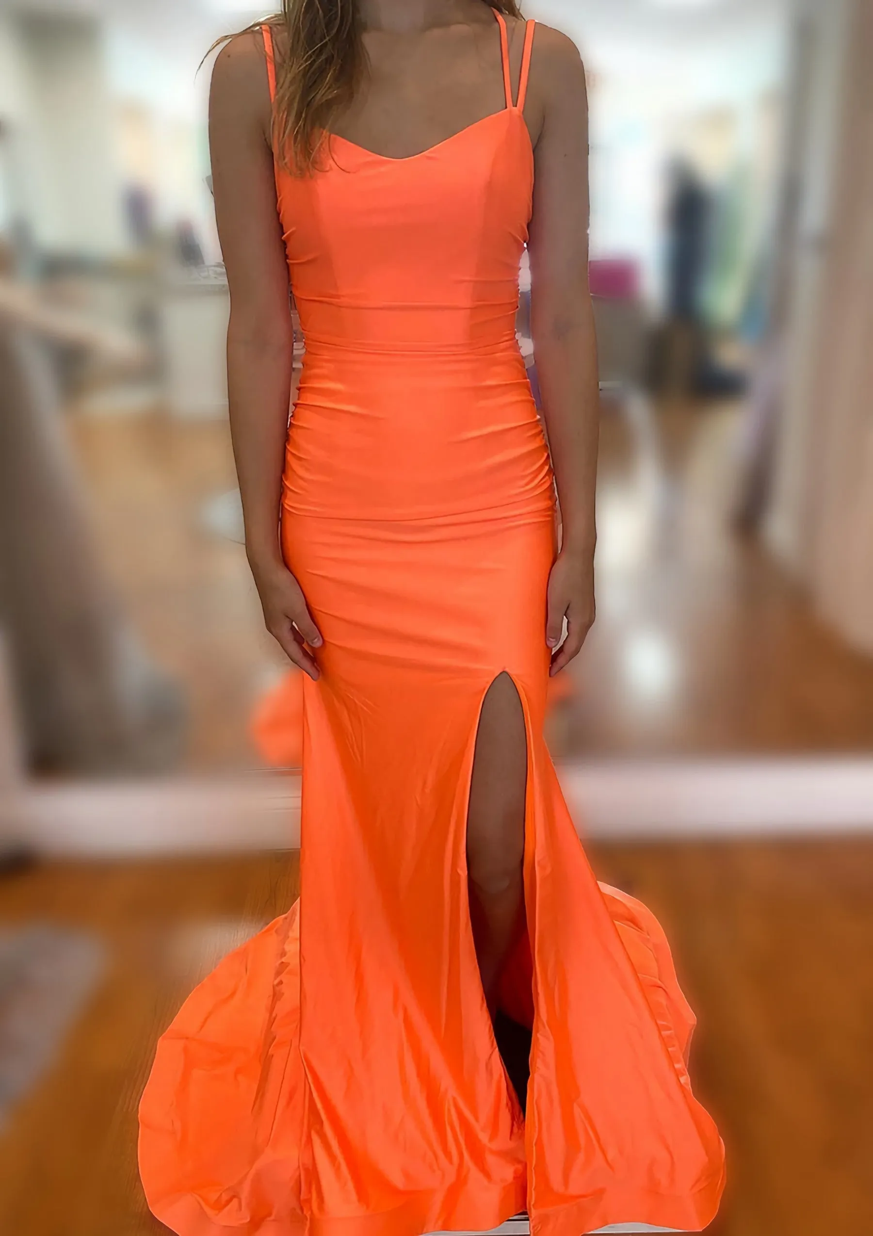 Trumpet/Mermaid V Neck Sleeveless Sweep Train Jersey Prom Dress With Split Pleated