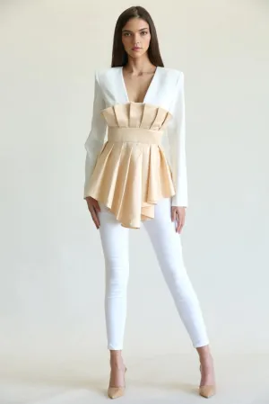 White Champagne Long Sleeve Pleated Satin Front Overley Top