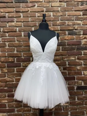 White v neck tulle lace short prom dress white homecoming dress