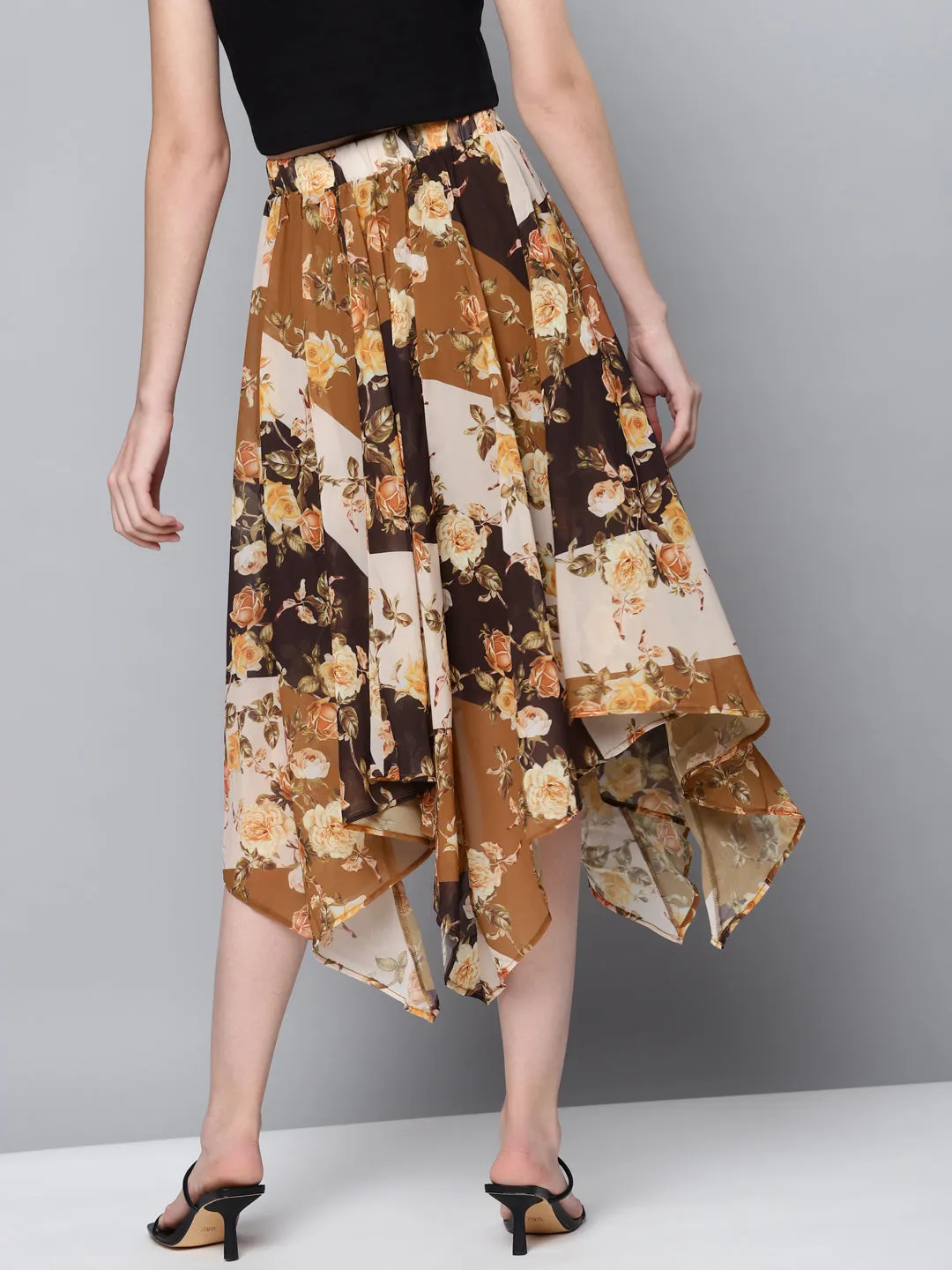 Women Brown Floral Asymmetric Midi Skirt