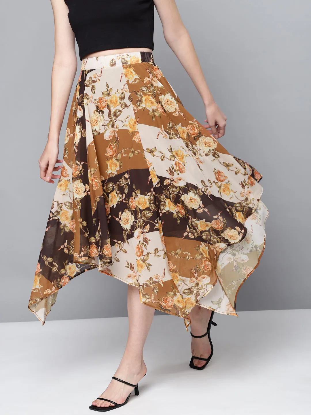 Women Brown Floral Asymmetric Midi Skirt